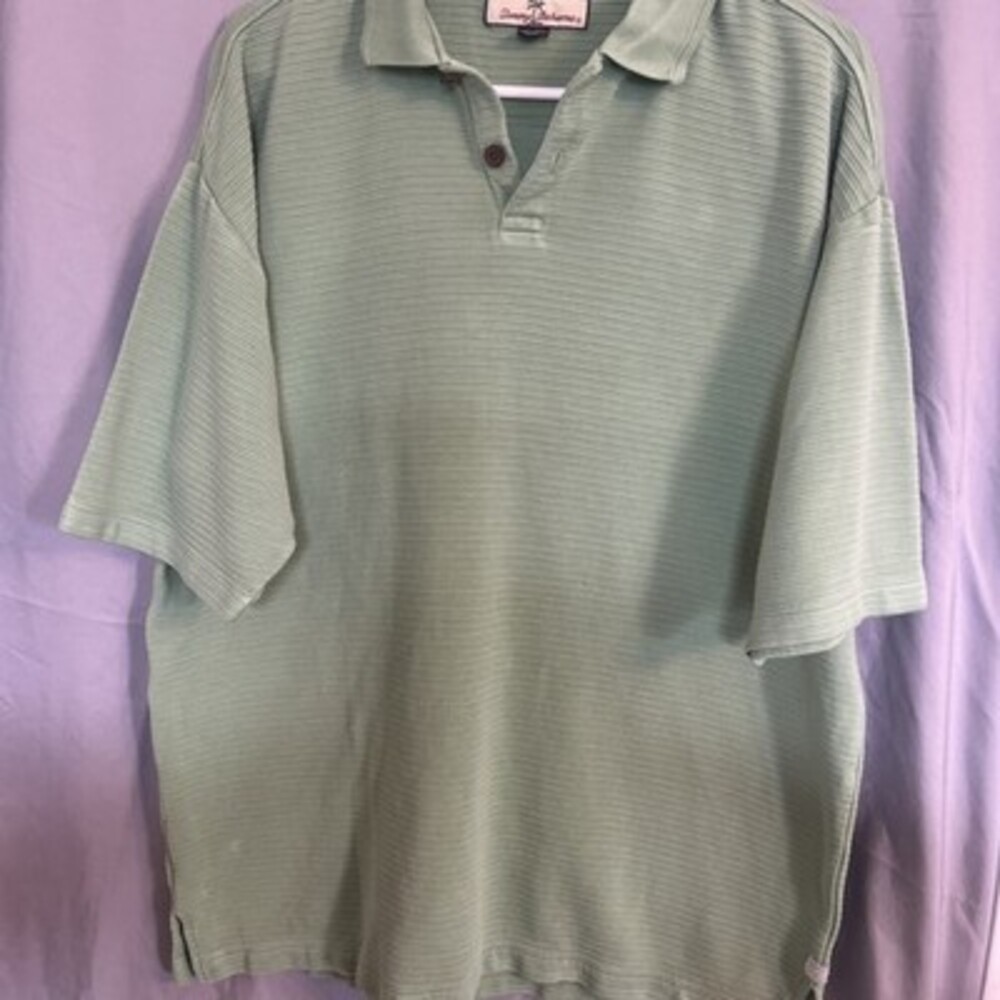 Tommy Bahama Polo Shirt Men’s Large Green Silk Cotton Blend Texture Short Sleeve